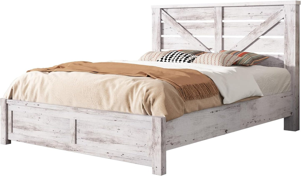 AMERLIFE Full Size Bed Frame with 49.2' Barn Door Headboard and Footboard, Farmhouse Platform Bed Frame with Wood Slats, No Box Spring Needed, Under Bed Storage, Distressed White