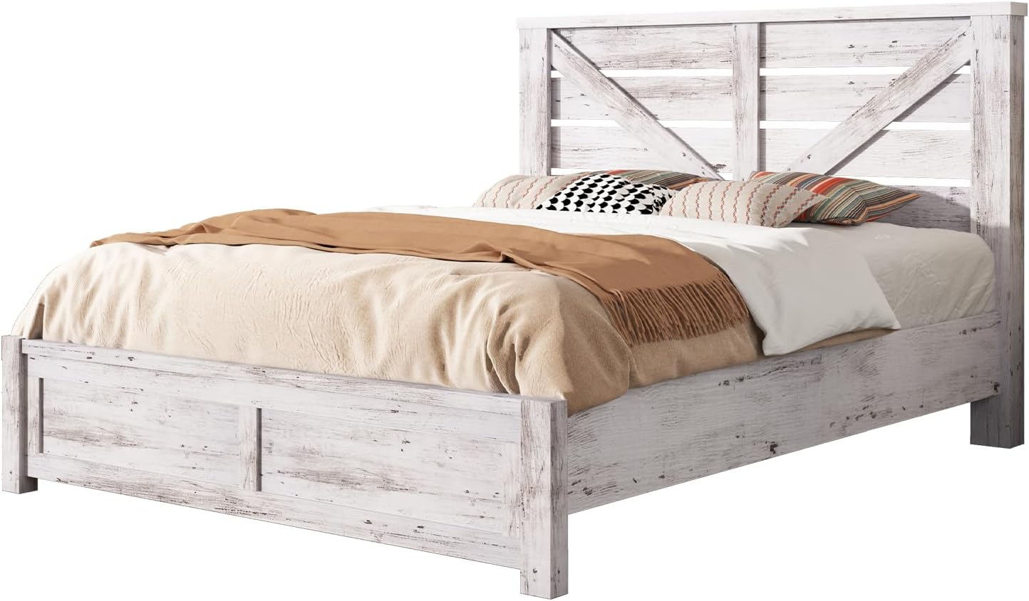 AMERLIFE Full Size Bed Frame with 49.2' Barn Door Headboard and Footboard, Farmhouse Platform Bed Frame with Wood Slats, No Box Spring Needed, Under Bed Storage, Distressed White
