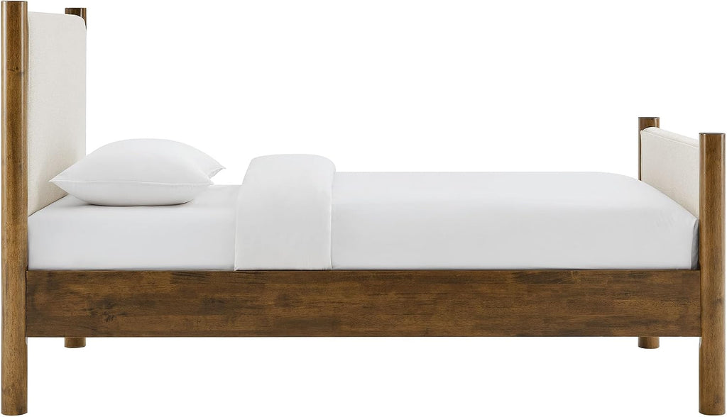 Modway Maven Twin Size Bed Frame in Ivory Walnut with Upholstered Fabric Headboard and Footboard – Wood Twin Platform Bed Frame – No Box Spring Needed