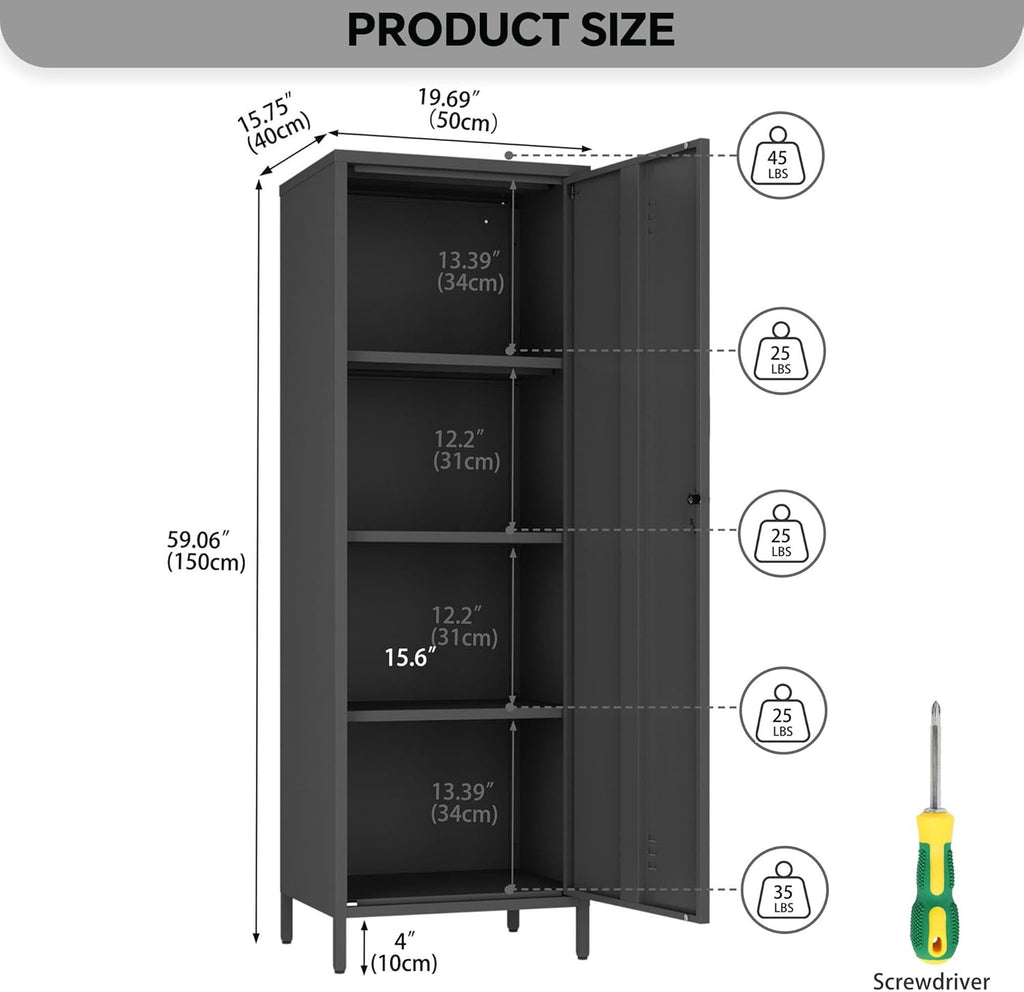 MIOCASA Metal Storage Locker with Digital Lock Steel File Cabinet with 3 Shelves 59.06-inch high for School, Bedroom, Home Office, Gym and Changing Room (Black)
