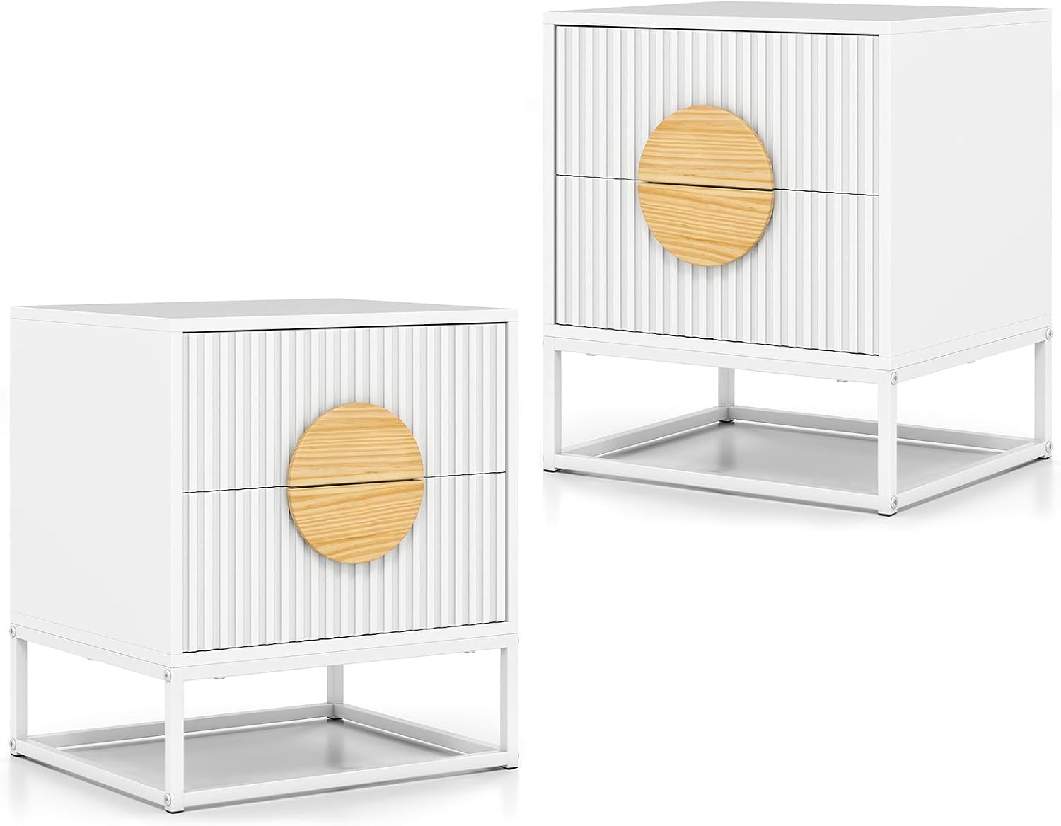 Giantex Fluted Nightstand with 2 Drawers Set of 2, White Wood Bedside Table with Natural Circle Handle & Metal Frame, Minimalist Accent End Table, Modern Mid Century Night Stand for Bedroom