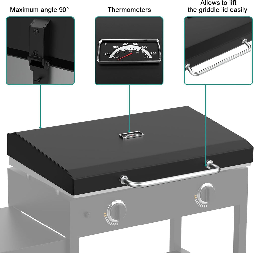 Upgraded Griddle Hinged Lid for 28' Blackstone 1517, 1853, 1605, 1803, 1839, 1856, 1885, 1924, 1983, 2094, 2137, 2145, Hard Cover with Thermometer and Cover for Blackstone 28 Inch Griddle Accessories