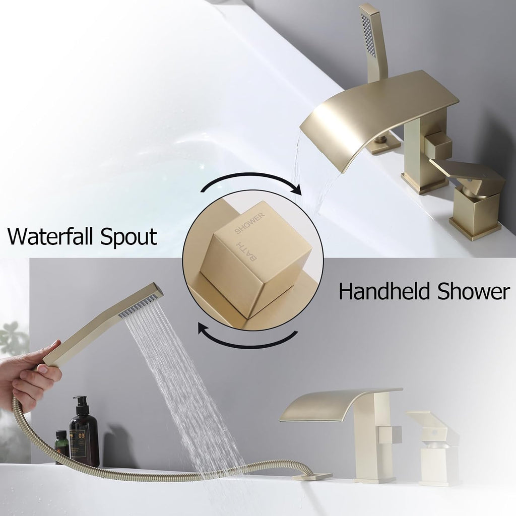 Waterfall Roman Tub Faucet with Hand Shower, Deck Mount Tub Filler Bathtub Faucet with Sprayer, Brass Widespread 3 Hole Bathtub Shower Faucet Set, Brushed Gold