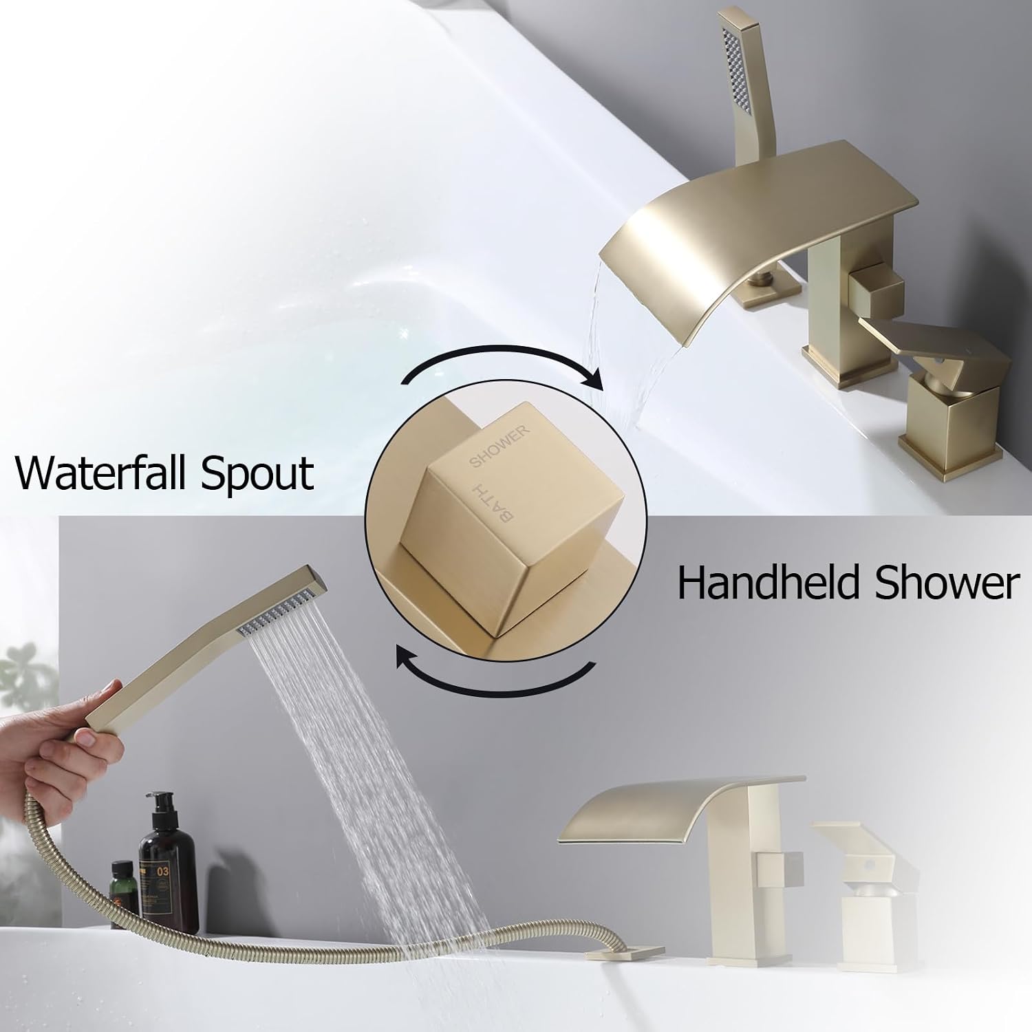 Waterfall Roman Tub Faucet with Hand Shower, Deck Mount Tub Filler Bathtub Faucet with Sprayer, Brass Widespread 3 Hole Bathtub Shower Faucet Set, Brushed Gold