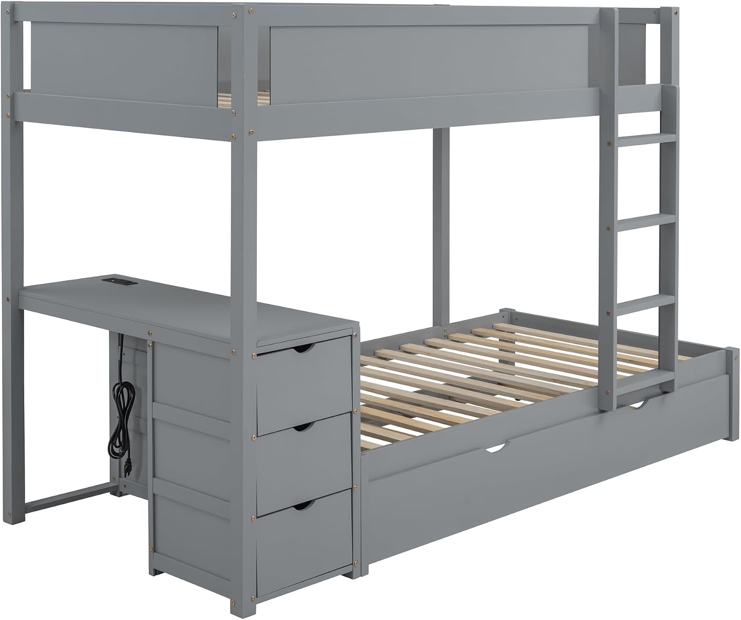 Ball & Cast Twin-Over-Twin Bunk Bed with Twin Size Trundle,Solid Wood Bedframe W/Desk & Drawers,USB,Space Saving,Easy Assembly,Multifunctional Bedroom Furniture Set for Boys Girls Teens,Gray