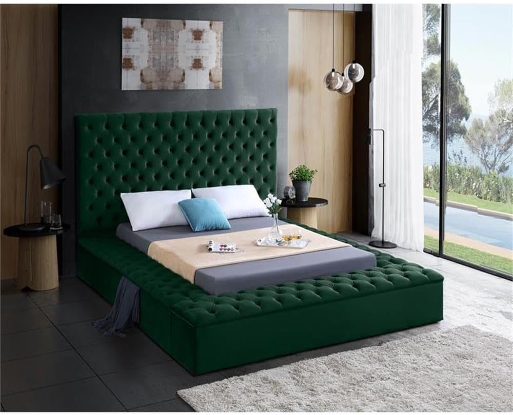 Meridian Furniture Bliss Collection Modern | Contemporary Velvet Upholstered Bed with Deep Button Tufting and Storage Compartments in Rails and Footboard, Green, Queen