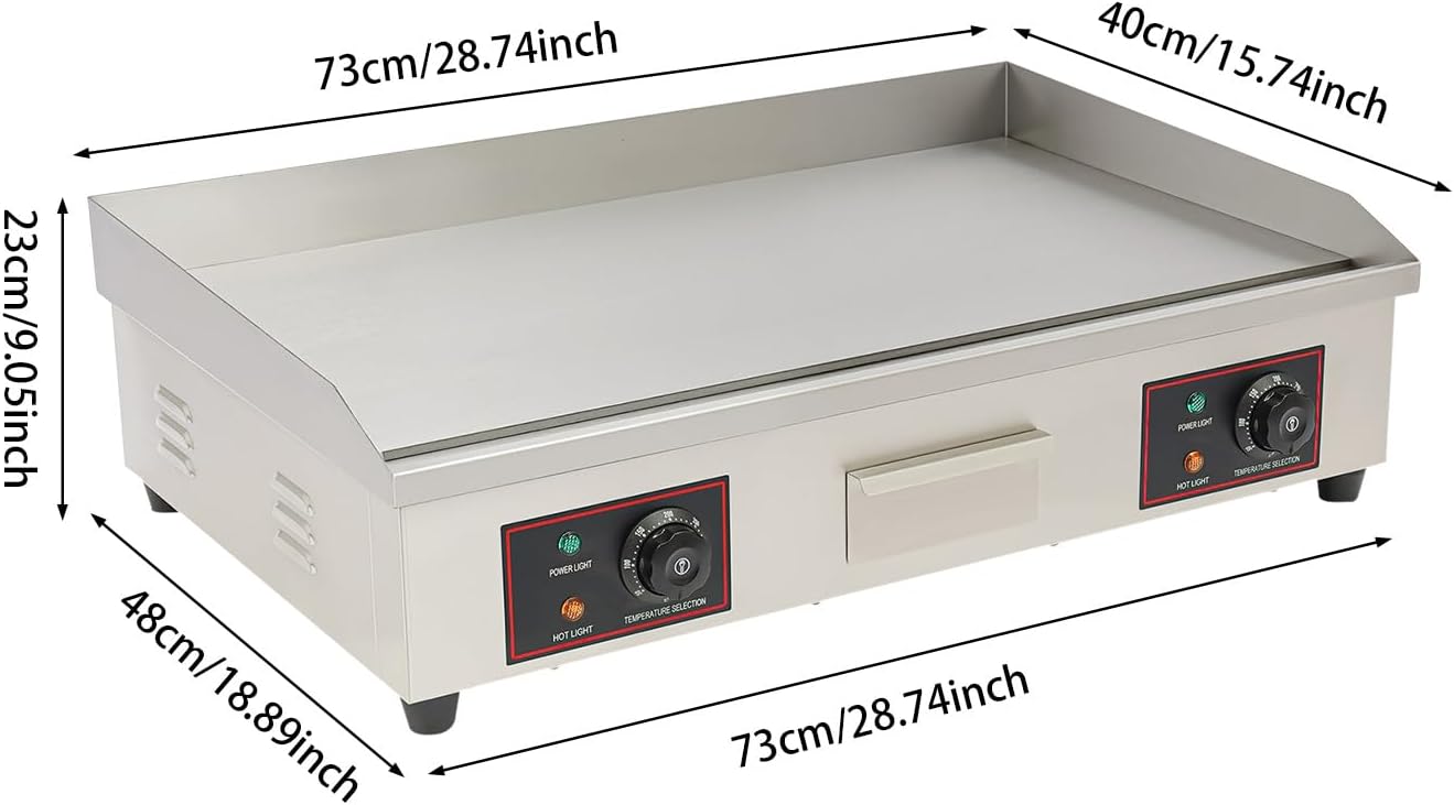 Electric Countertop Flat Top Griddle Food grade Stainless Steel Commercial Kitchen with Adjustable Temperature Control 122-572℉