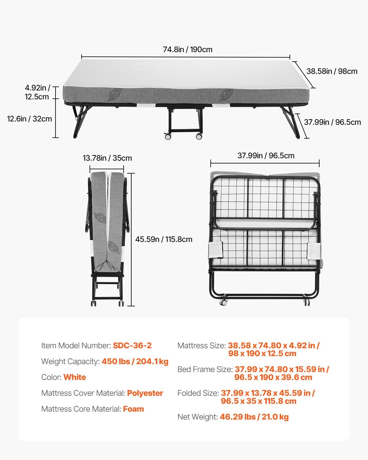 VEVOR 38 in x 75 in Folding Bed with 5 in Mattress, Twin Size, White, Metal Frame & Memory Foam Mattress, Portable Rollaway Bed, 450 lbs Weight Capacity, Adult Guest Bed