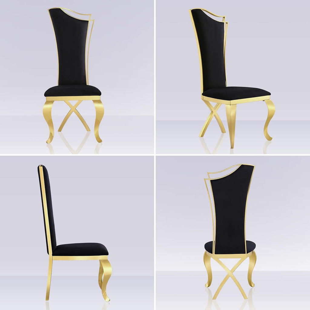 ACEDÉCOR 7 Piece Black and Gold Dining Table Set, Modern Kitchen and Dining Room Table Set with Stainless Steel U-Base and 6 Black Velvet Upholstered Dining Chairs
