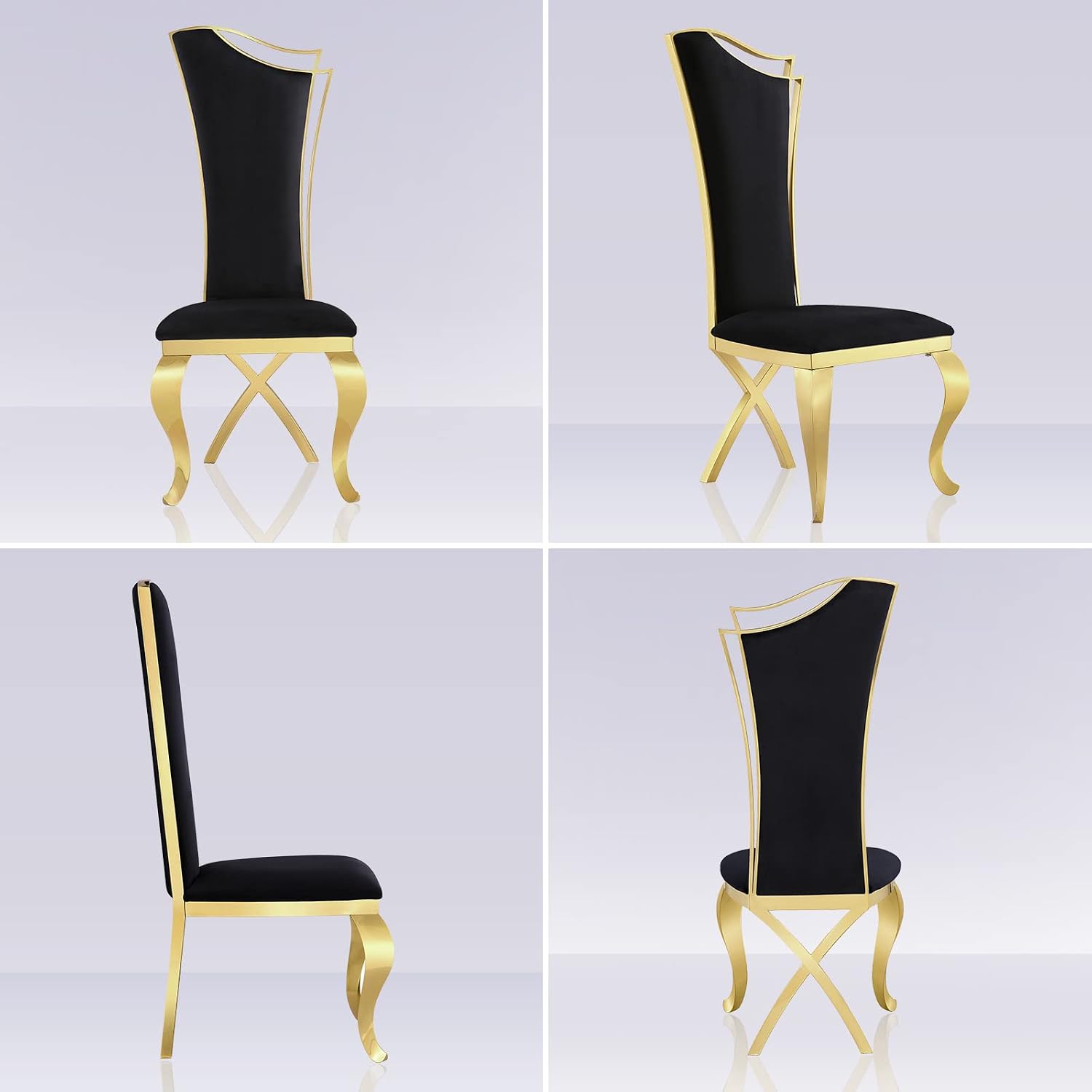 ACEDÉCOR 7 Piece Black and Gold Dining Table Set, Modern Kitchen and Dining Room Table Set with Stainless Steel U-Base and 6 Black Velvet Upholstered Dining Chairs