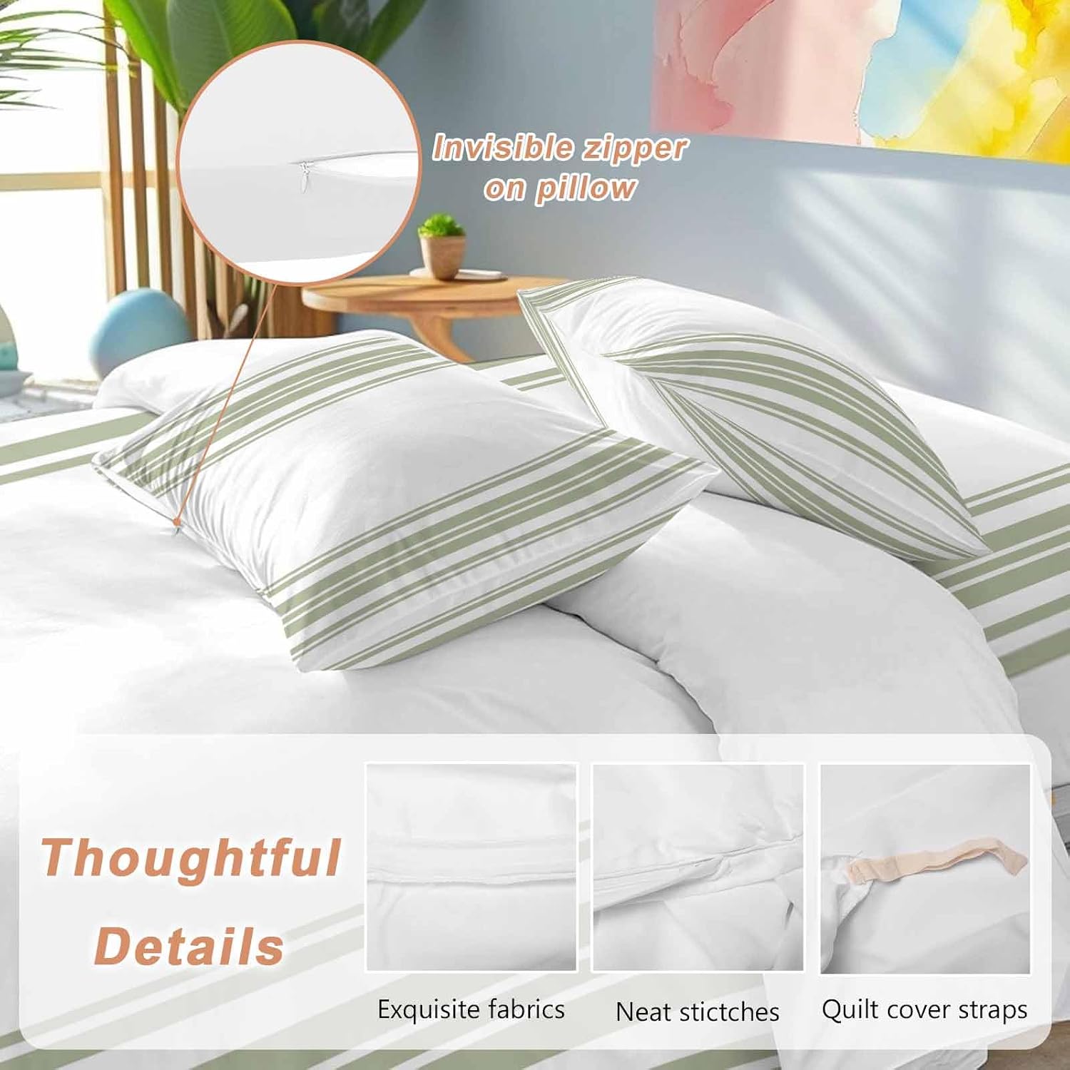 Sage Green and White Striped Duvet Cover Set Queen Size 4 Pieces Modern Minimalist Vertical Lines Bedding Set with Zipper Closure, 1 Comforter Cover 86x86 Inches 1 Flat Sheet & 2 Pillow Cases