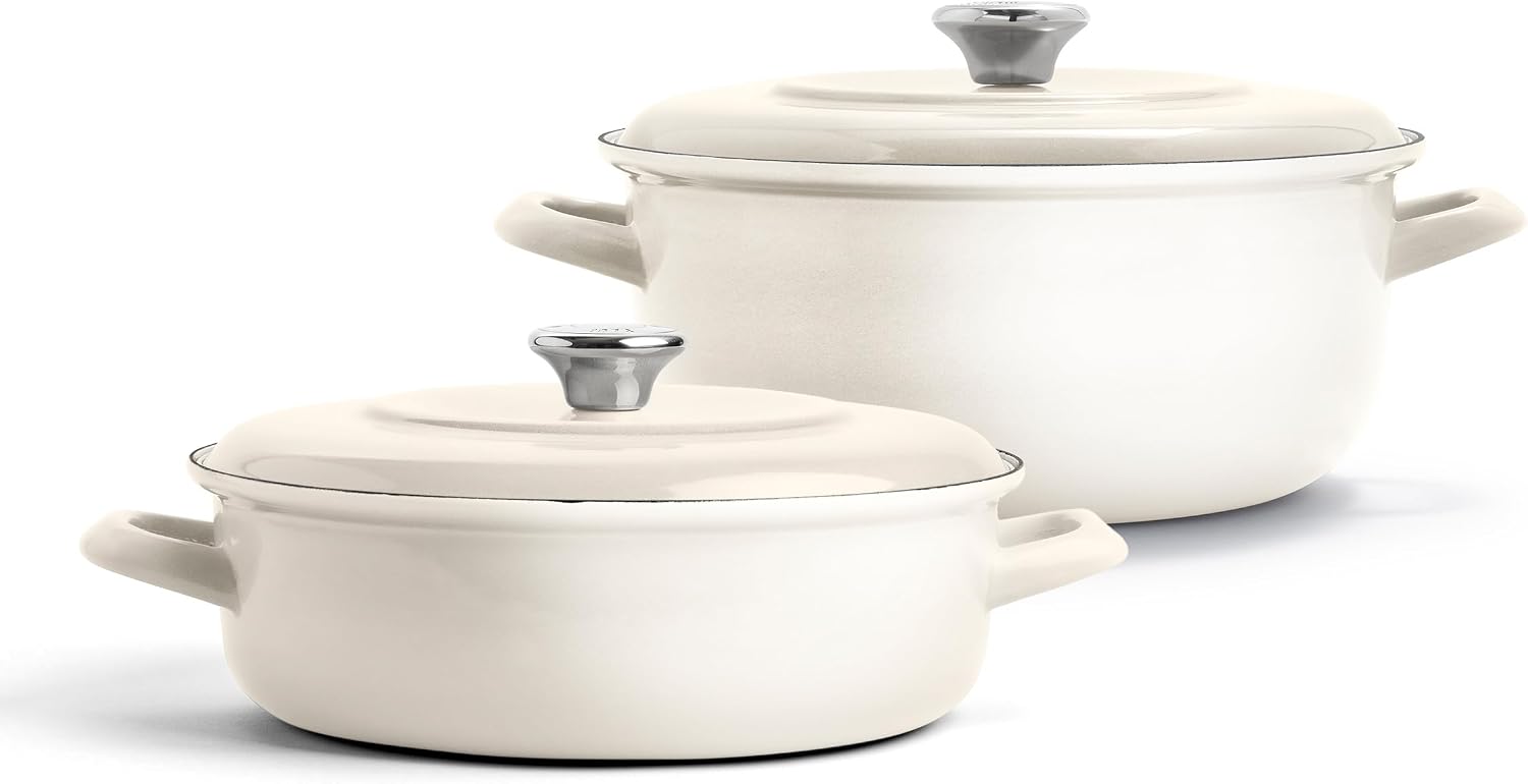 Merten & Storck 3.7QT & 5.5QT Dutch Ovens with Lids, 4 Piece Cookware Set, European Crafted Enameled Iron Stockpot, Induction & All Cooktops, Braising, Stews, Roasting, Slow Cooking, Sourdough, Cream White