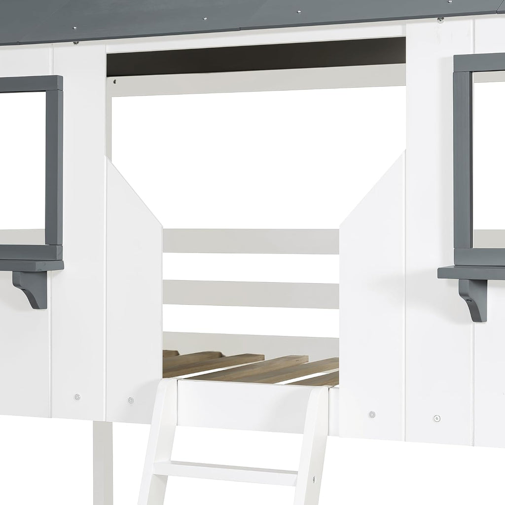 Polibi Twin Over Twin Low Bunk Bed, Wooden House Bed with Roof, 2 Front Windows, 2 Small Shelves, Ladder and Guardrail, White