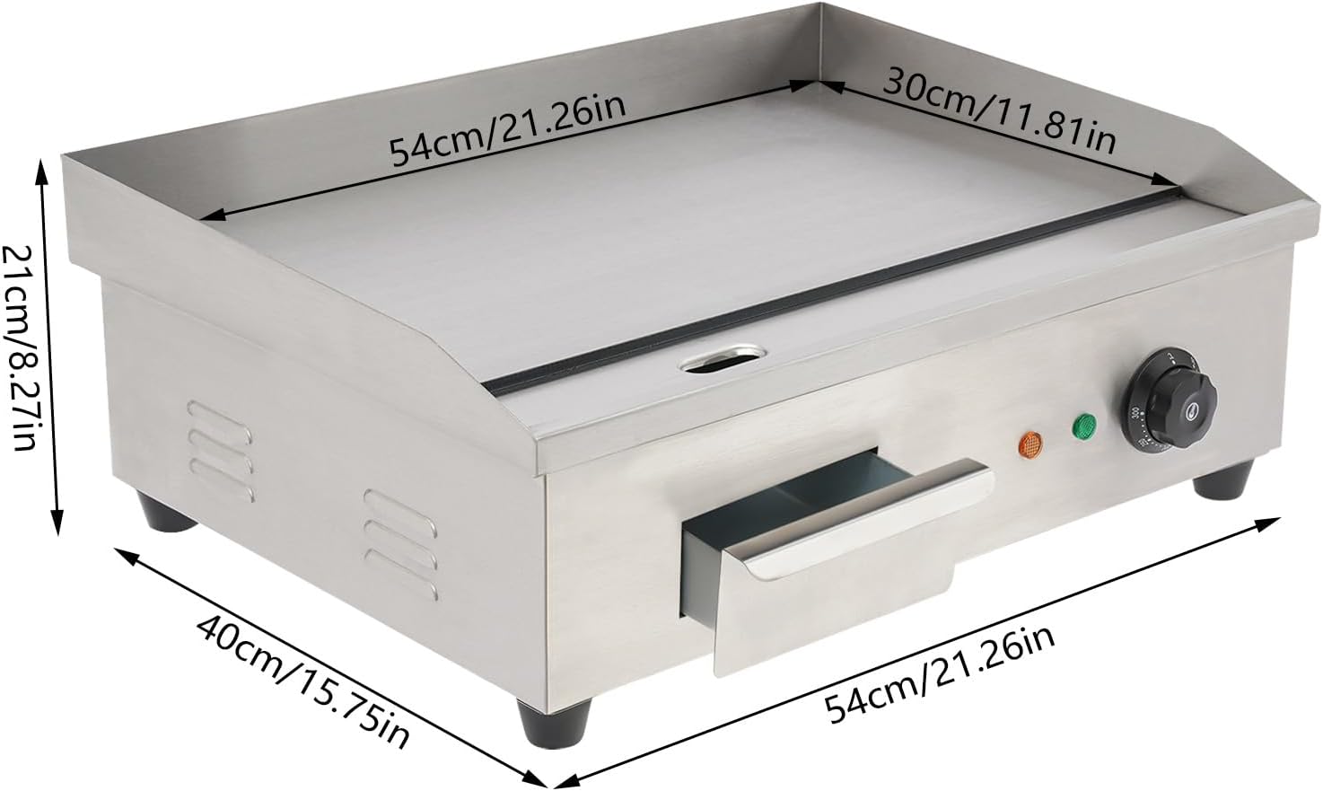 22' Commercial Griddle 3000W Electric Countertop Griddle Stainless Steel Non-Stick Flat Top Grill Machine Restaurant Teppanyaki Grill BBQ Grill, 122°F-572°F Temperature Adjustable