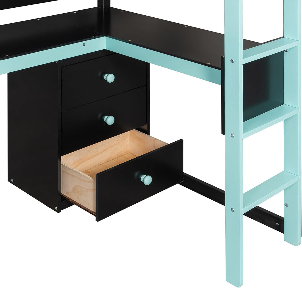 Ball & Cast Gaming Twin Size Loft Bed with Storage Stairs,Wood Gamer Loft Bed Frame W/Desk,Shelves and Pegboard,High Loft Bed W/Full-Length Guardrail,Bedroom Furniture for Student Dorms,Black+Blue