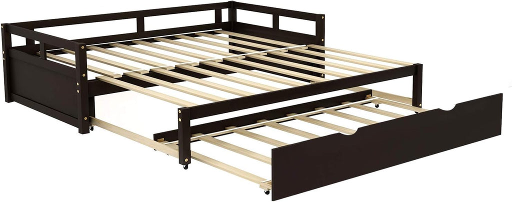 Merax Wooden Daybed Extendable Bed with Trundle, Sofa Bed for Bedroom Living Room, Can be Expanded from Twin Size to King Size (Espresso)