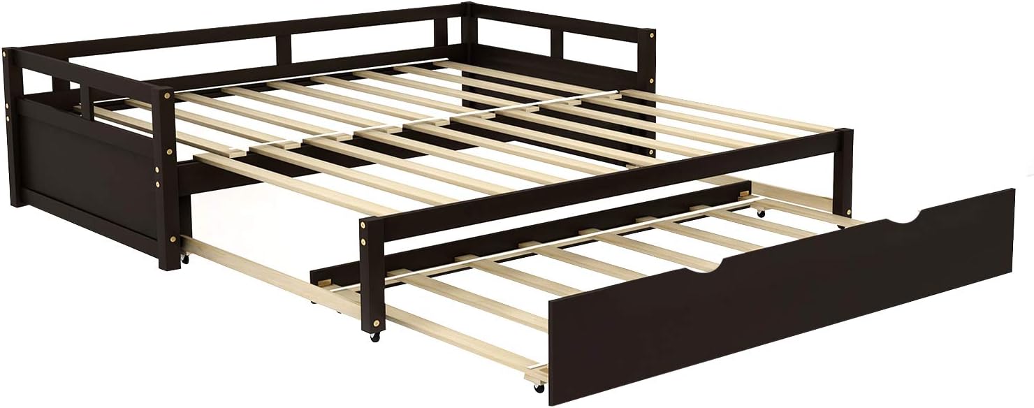 Merax Wooden Daybed Extendable Bed with Trundle, Sofa Bed for Bedroom Living Room, Can be Expanded from Twin Size to King Size (Espresso)