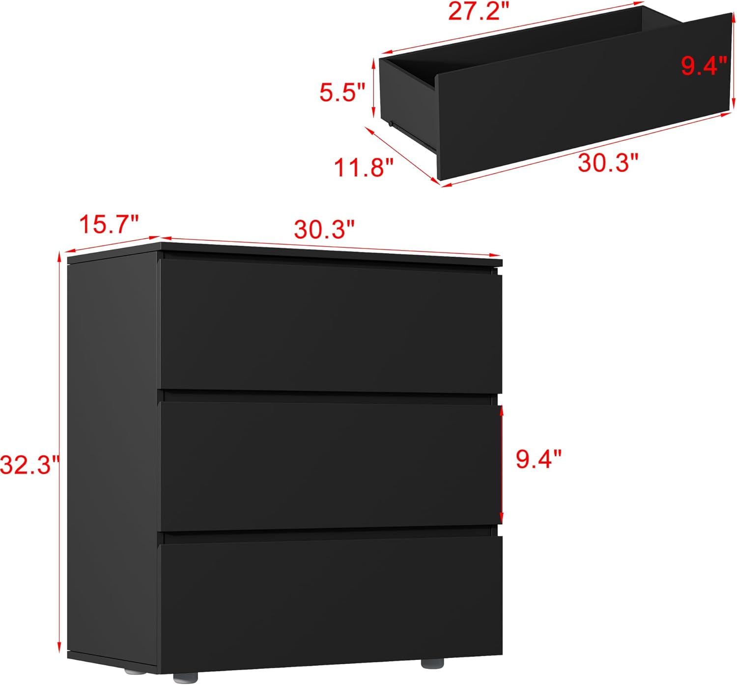 Nightstand with 3 Drawers, Modern Bedroom End Table with No Handle, Wooden Bedside Storage Cabinet, Black 30.3' W x 32.3' H