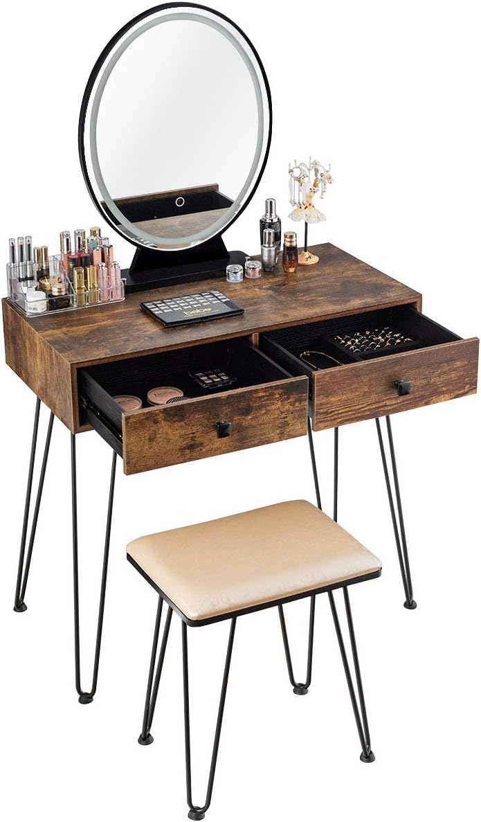 CHARMAID Makeup Vanity Table with Lighted Mirror, 3 Lighting Sets, Adjustable Brightness, 2 Large Drawers, Acrylic Storage Boxes, Girls Bedroom Dressing Table Vanity Set with Stool (Rustic Brown)
