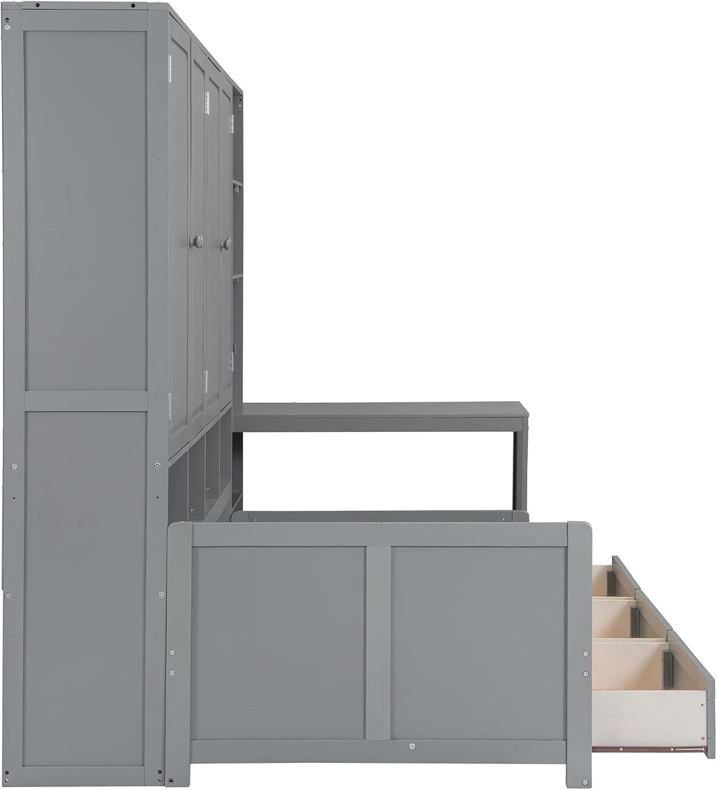 KLMM Twin Size Wooden Daybed with Three Drawers and All-in-One Cabinet,Desk and Shelves,for Living Room Bedroom Use (Gray#Desk, Twin)