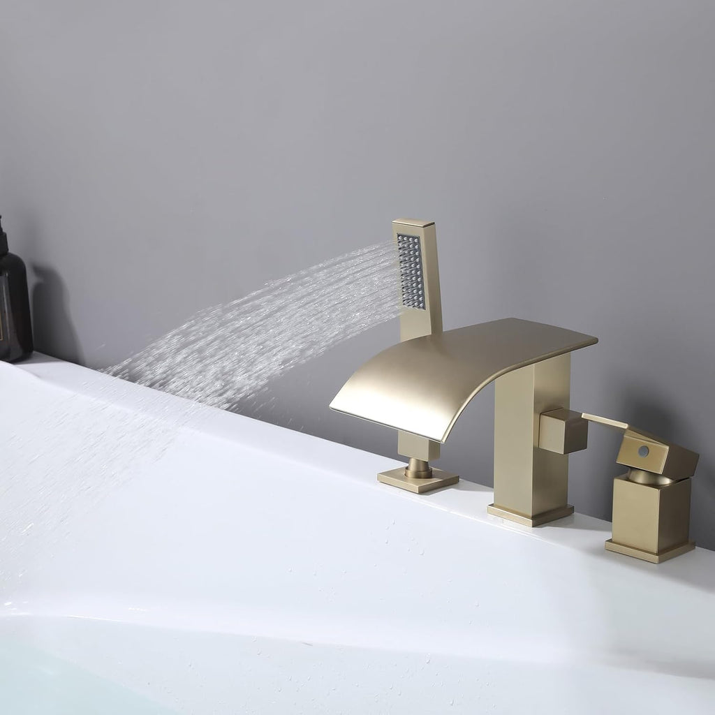 Waterfall Roman Tub Faucet with Hand Shower, Deck Mount Tub Filler Bathtub Faucet with Sprayer, Brass Widespread 3 Hole Bathtub Shower Faucet Set, Brushed Gold