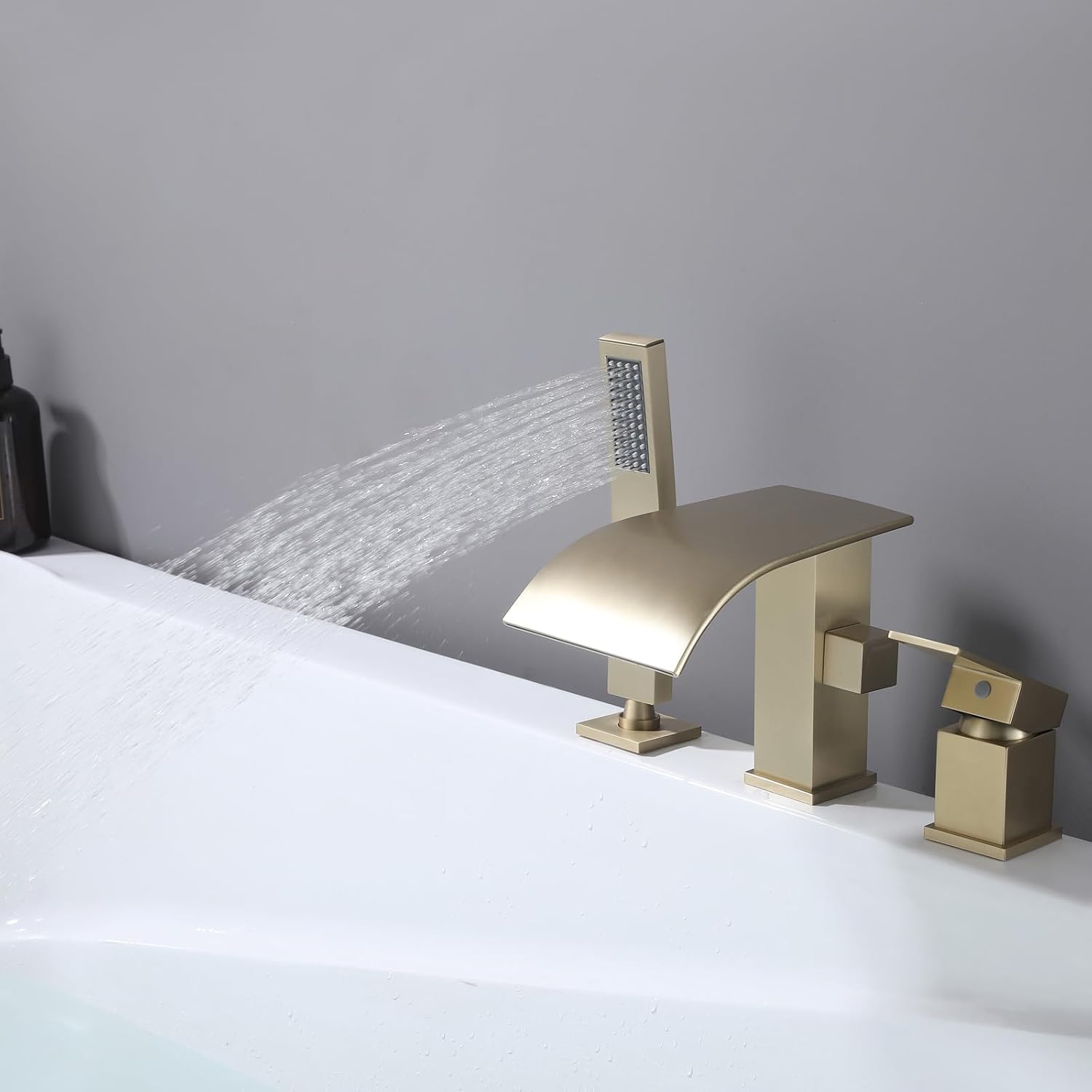 Waterfall Roman Tub Faucet with Hand Shower, Deck Mount Tub Filler Bathtub Faucet with Sprayer, Brass Widespread 3 Hole Bathtub Shower Faucet Set, Brushed Gold