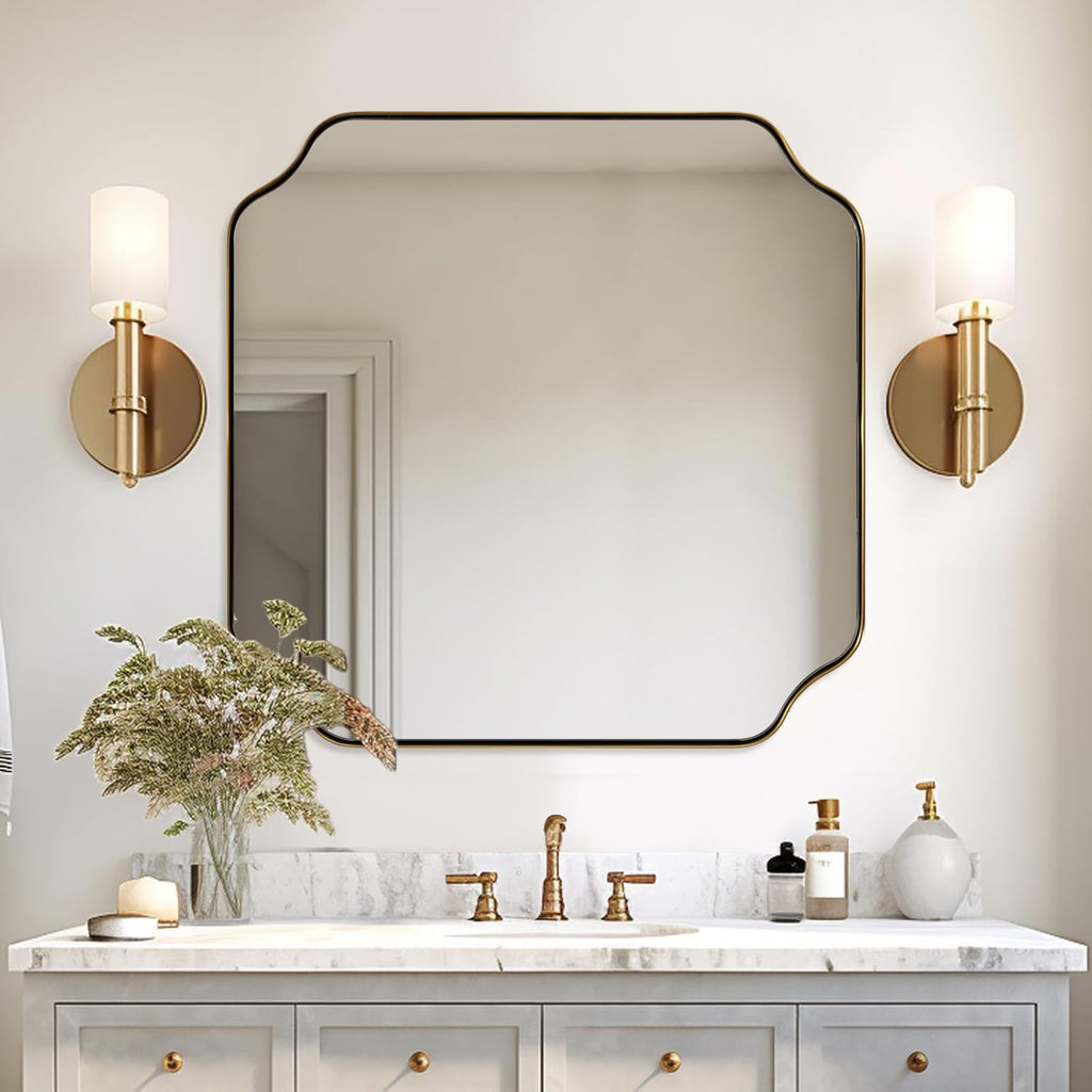 ANDY STAR 30'x30' Square Bathroom Mirror, Brushed Gold Scalloped Mirror for Wall, Antique Brass Mirror with Designer-Crafted Rounded Notched Corners, Ideal for Home Remodel