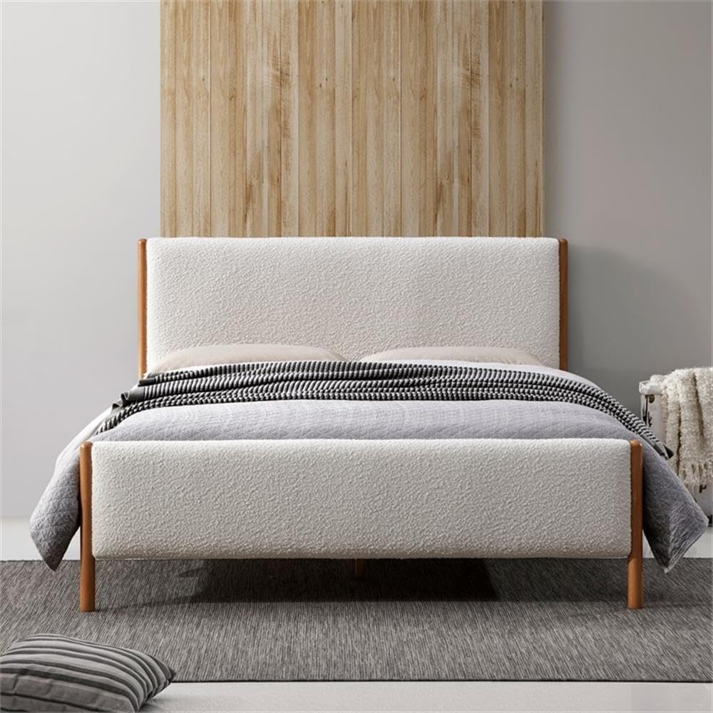 Liana Modern Style Upholstered Platform Bed with Soft Boucle Fabric and Solid Wood Legs - Box Spring Not Required - White Boucle, Queen Size