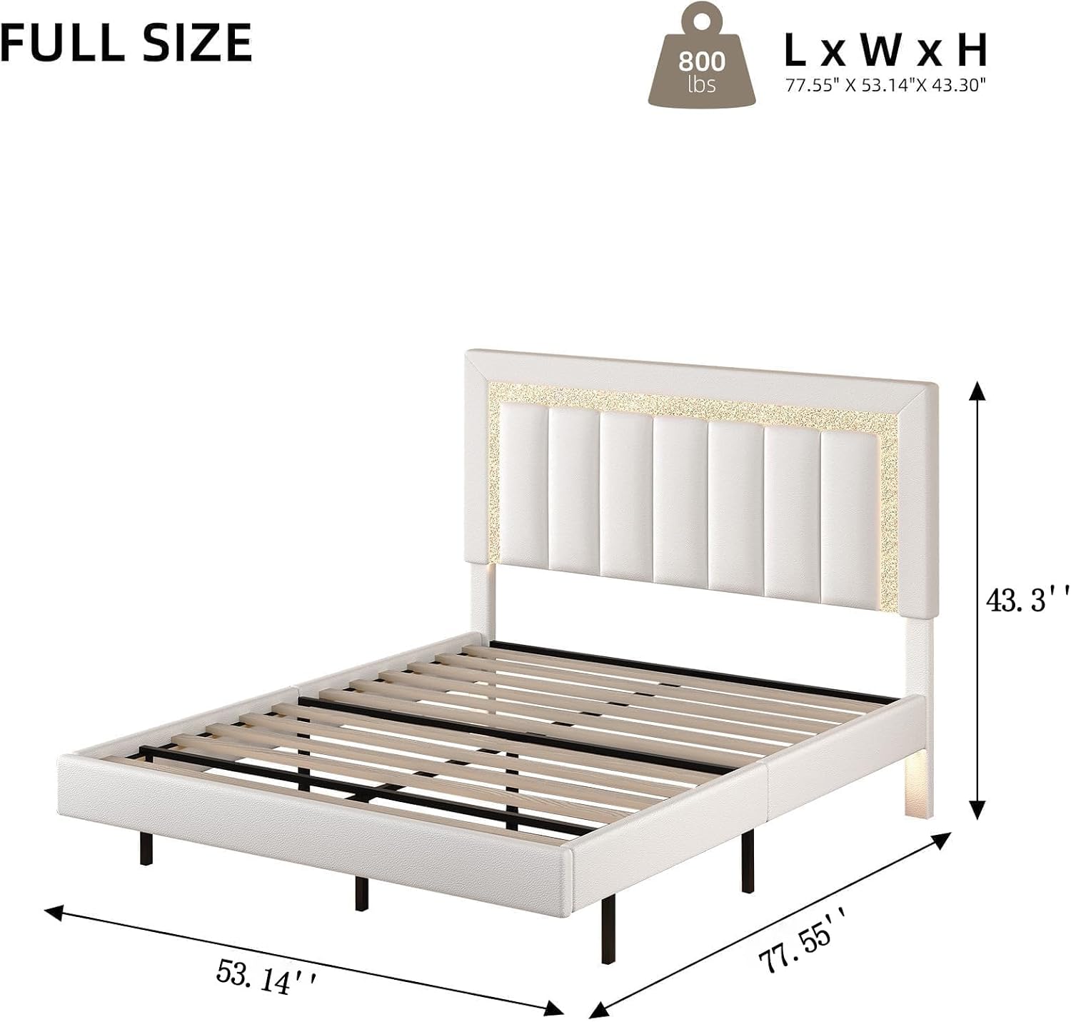 HOMBCK Floating Bed Frame Full with Smart LED Lights, Faux Leather Upholstered Platform Bed with Diamond PU Headboard, No Box Spring Needed, Noise-Free, Easy Assembly, White