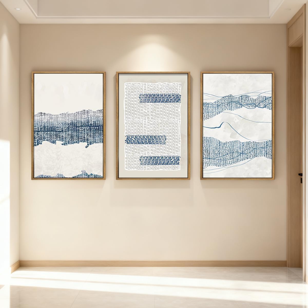 IARTTOP Large Blue Abstract Canvas Wall Art Framed 24x36 Inch Neutral Minimalist Modern Wall Art Mid Century Boho Artwork for Living Room Bedroom Office Set of 3