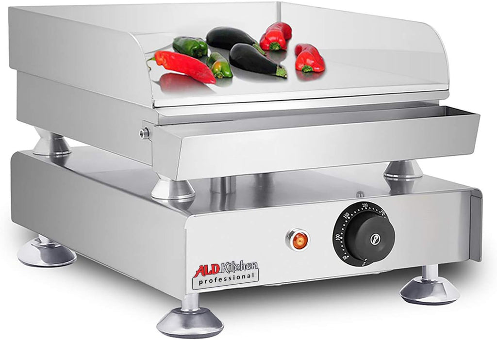 Commercial Electric Griddle, 2000W 110V, 14'×16' Plate, Adjustable Thermostat, Stainless Body with Grease Drawer