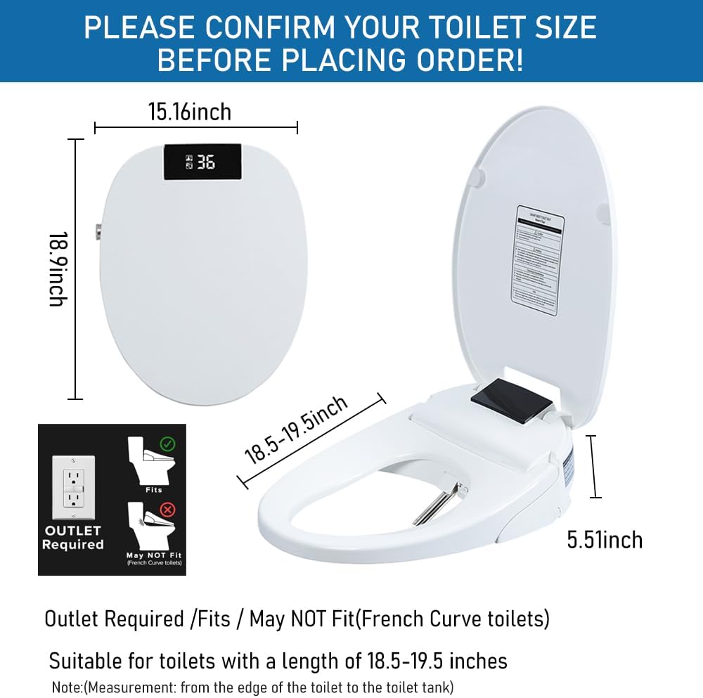 Electric Bidet Toilet Seat, Elongated Heated Toilet Seat with Instant Warm Water & Dryer, Self-Cleaning Nozzle, Automatic Flip Cover and Remote Control, Bidet Attachment for Toilets (White)
