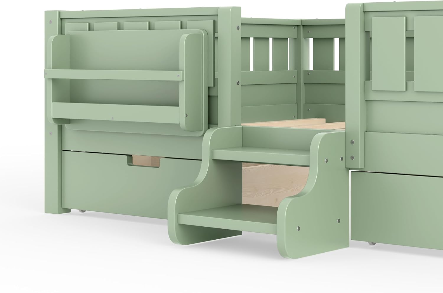 Bellemave Full Size Montessori Bed with Stairs, Rails and Slats, Full Size Montessori Floor Bed with Bookshelf and 2 Storage Drawers, Easy Assemble Beds Frame for Girls, Boys, Avocado Green