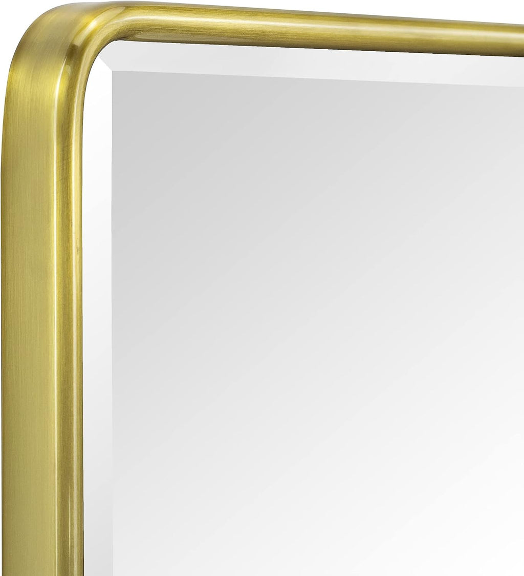 TEHOME Farmhouse Brushed Gold Metal Framed Recessed Bathroom Medicine Cabinet with Mirror Rounded Rectangle Medicine Cabinet with Beveled Mirror 16x24''
