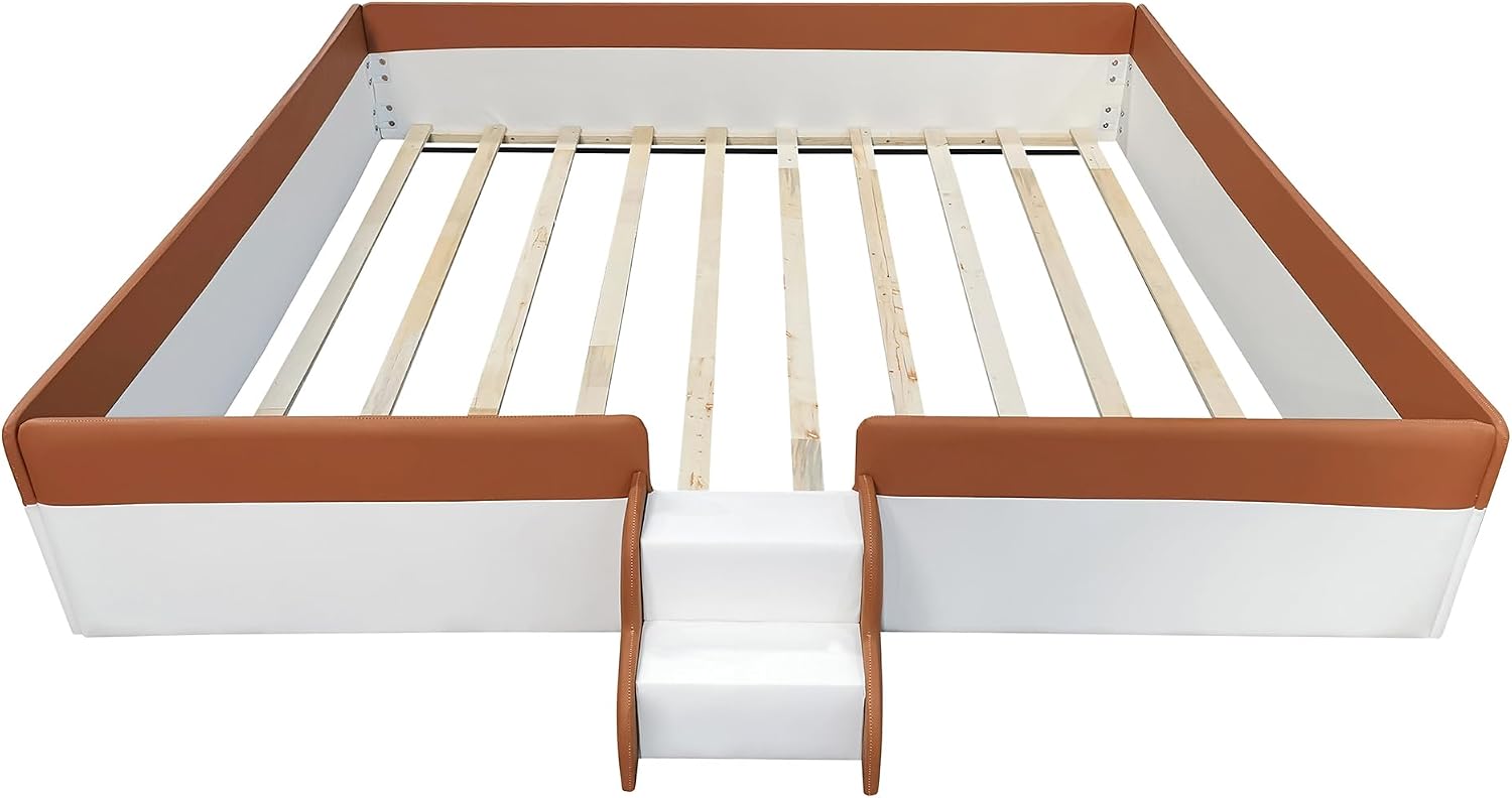 VilroCaz King Size Upholstered Daybed Frame with Fence and Stairs, Montessori Kids Floor Bed with Sturdy Slat Support for Kids Boys Girls (Brown+King)
