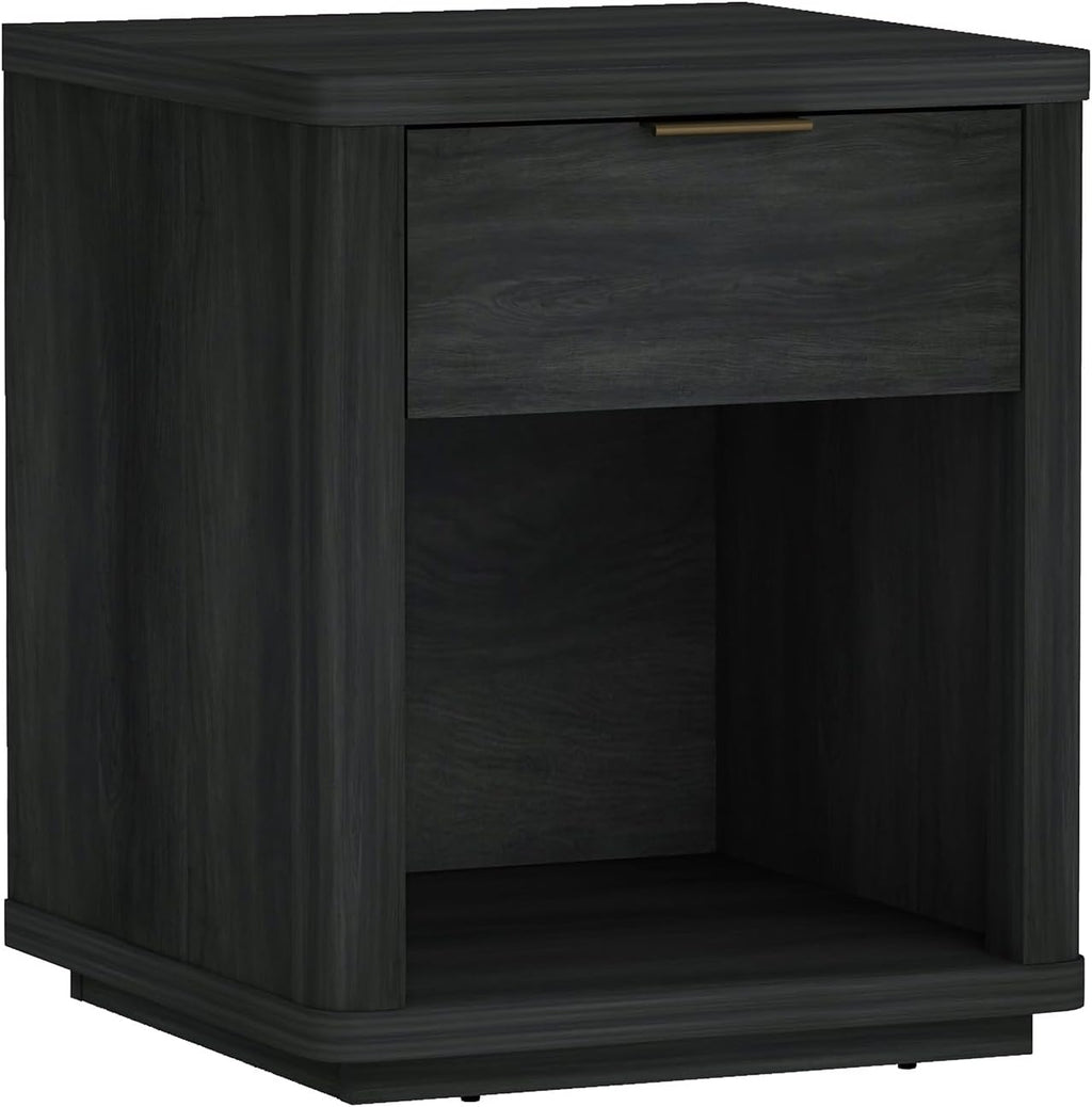 Manhattan Comfort Evelyn Nightstands Set of 2 with Full Extension Drawer and Open Shelf – Modern Bedroom Night Stand or Living Room Side Tables with Storage – Easy Assembly, Charcoal Grey