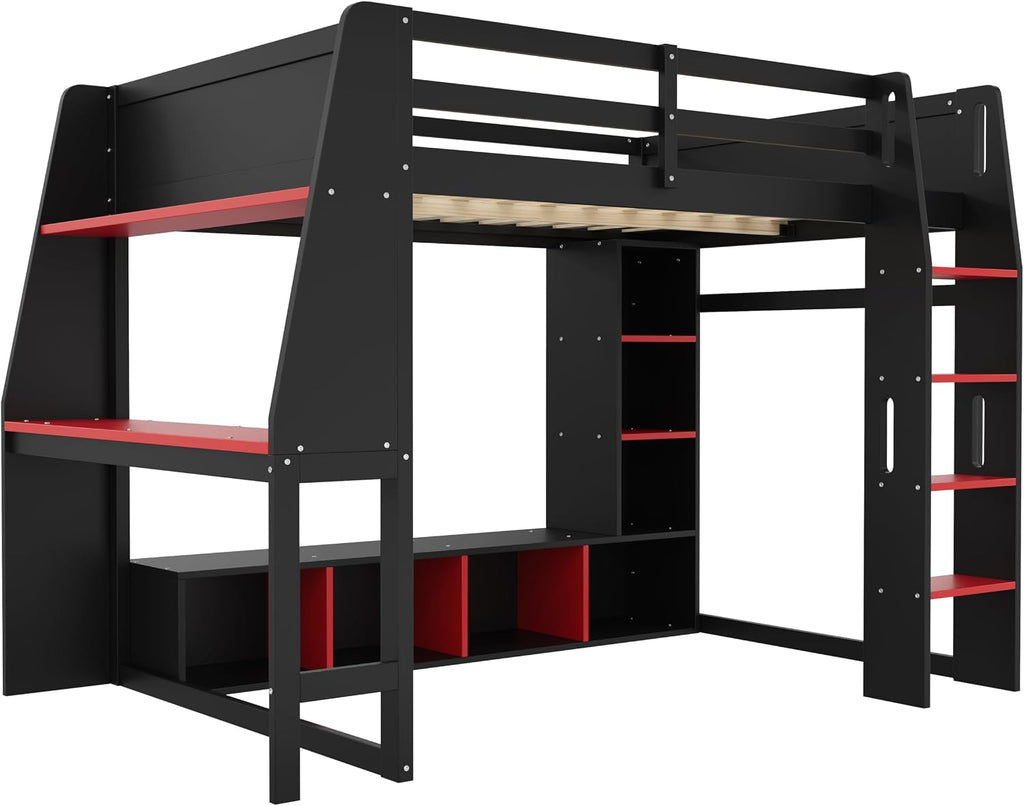 SOFTSEA Full Size Gaming Loft Bed with Desk and LED Lights, Wood Loft Bed Frame with Storage Shelves, Open Wardrobe, Full Gaming Loft Bed with Desk for Kids Teens Gamers, Red + Black