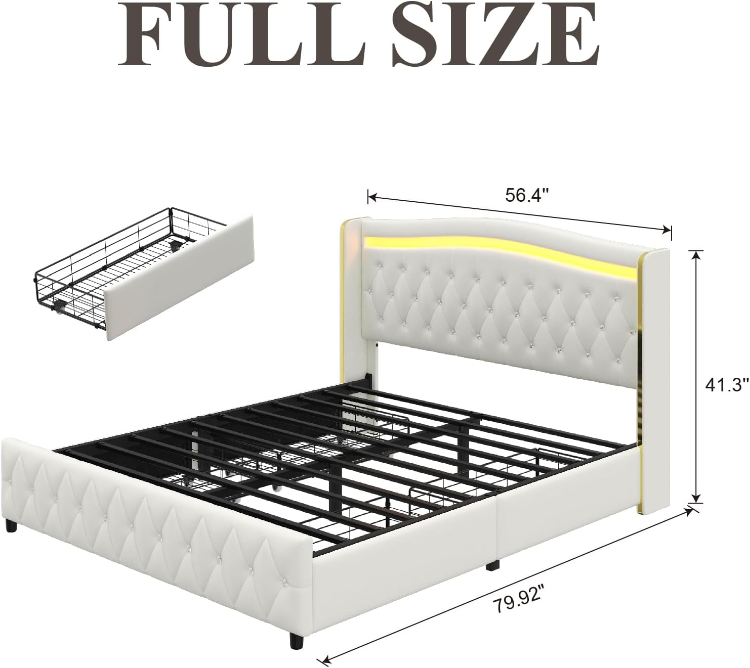E-Motie Full Size Bed Frame with Wingback Headboard, Upholstered Platform Bed with RGB LED Lights, Charging Station, 4 Storage Drawers & Metal Slat Support, No Box Spring Needed, White