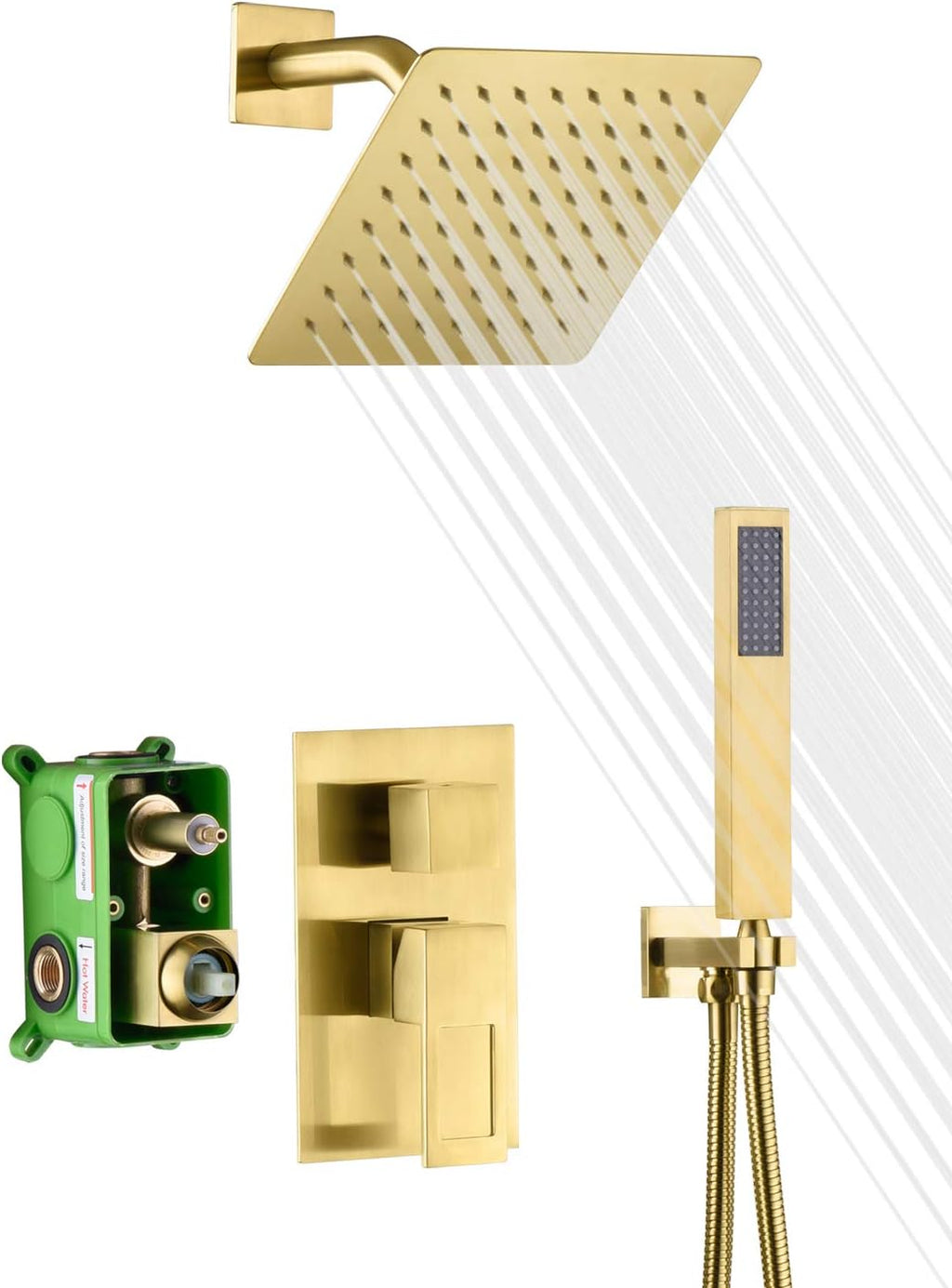 sumerain Rain Shower System Brushed Brass Dual Functions Shower Faucet Complete Set Including 8' Shower Head, Rough-In Valve Body and Trim