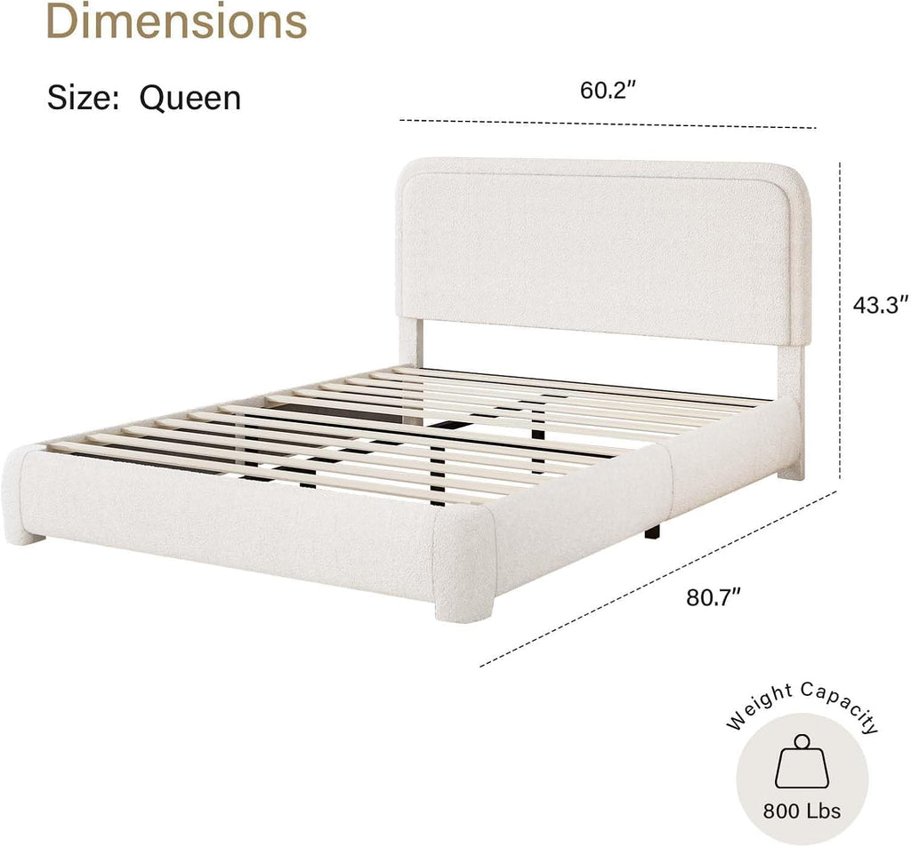 BarnFurin Queen Size Bed Frame with Headboard, Boucle Upholstered Platform Bed Frame, Soft Rounded Corners, No Box Spring Required, Easy Assembly, Beige