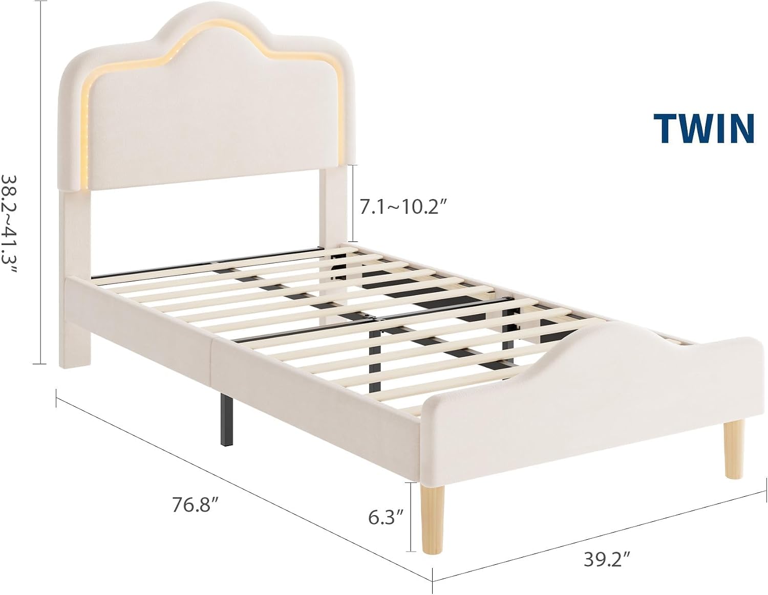 IDEALHOUSE Twin Size Bed Frame with LED Lights, Velvet Upholstered Platform Bed with Adjustable Headboard for Kids/Girls, Wooden Slats Support, No Box Spring Needed, Beige