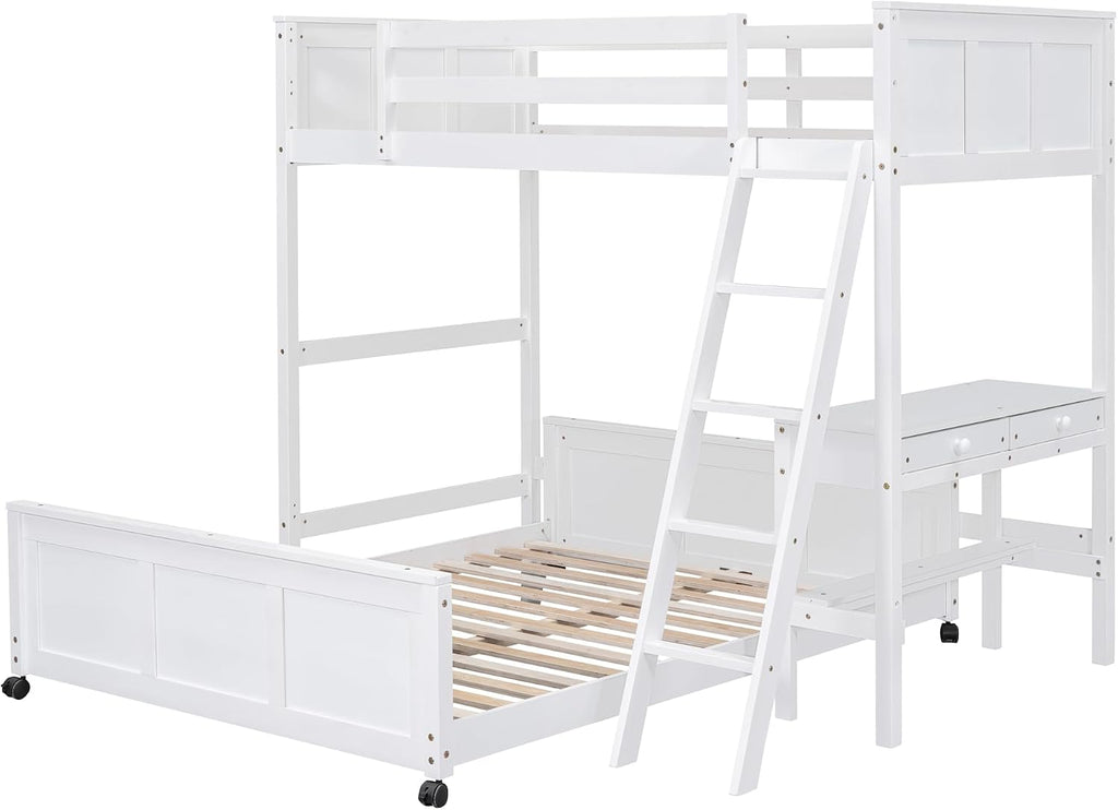 Ball & Cast Twin Over Full Bunk Bed with Safty Guardrail & Stairway,Heavy Duty Wood Loft Bedframe W/Desk & Drawers,Easy Assembly,Versatile Functional Bedroom Furniture Set for Boy Girl Teens,White