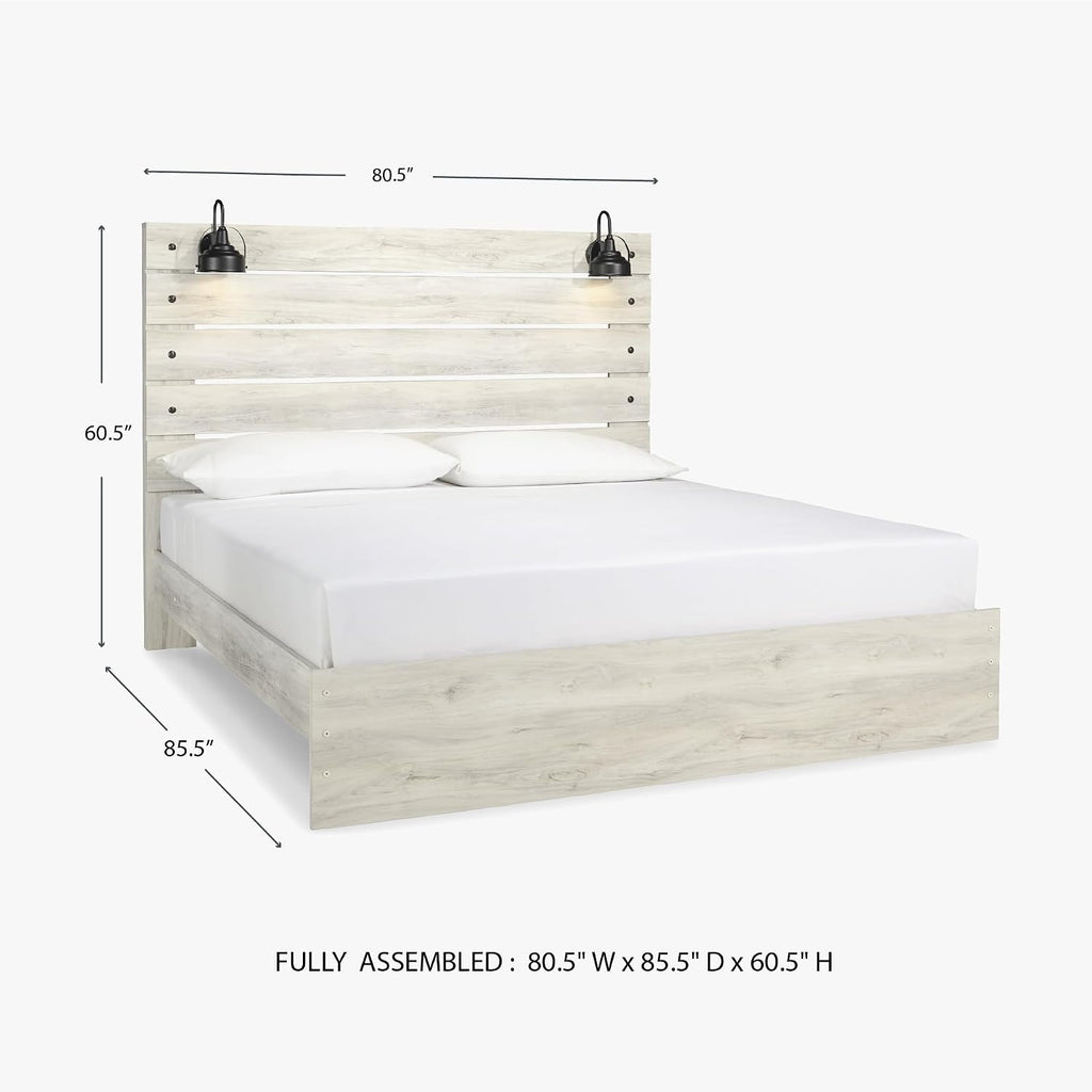 Signature Design by Ashley Cambeck Farmhouse King Panel Bed with Sconce Lights and USB Ports, Foundation or Box Spring Needed, Whitewash