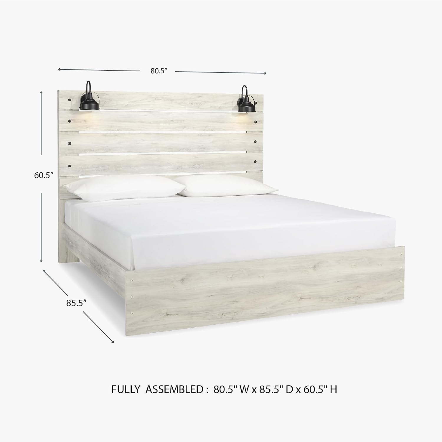 Signature Design by Ashley Cambeck Farmhouse King Panel Bed with Sconce Lights and USB Ports, Foundation or Box Spring Needed, Whitewash