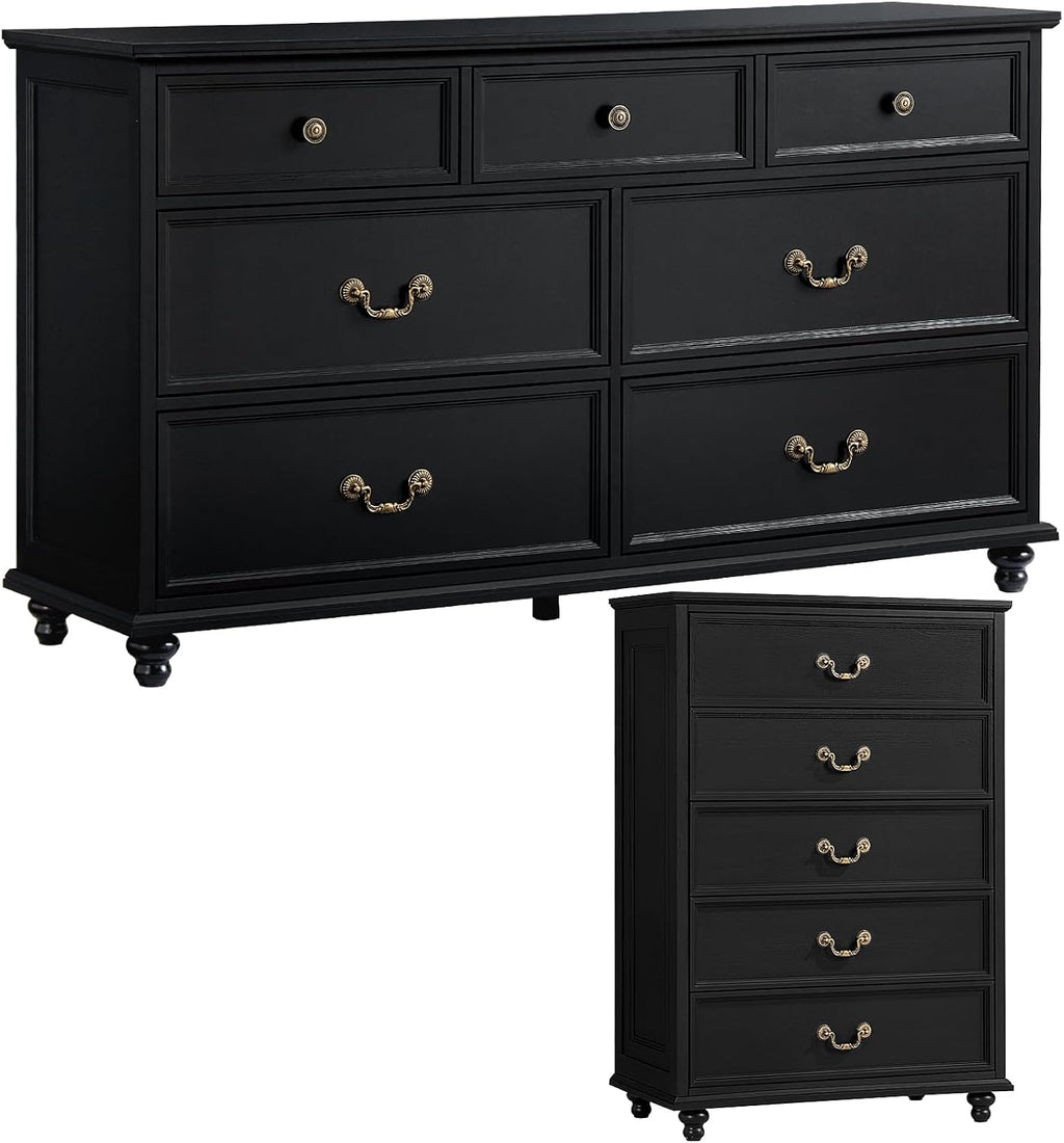 Joaxswe Bedroom Dresser Sets, 54' Wide 7 Drawers Dresser and 45' Tall 5 Drawers Dresser, Wooden 2 Piece Bedroom Furniture Set, Chest of Drawer for Bedroom, Home, Living Room, Hallway, Black