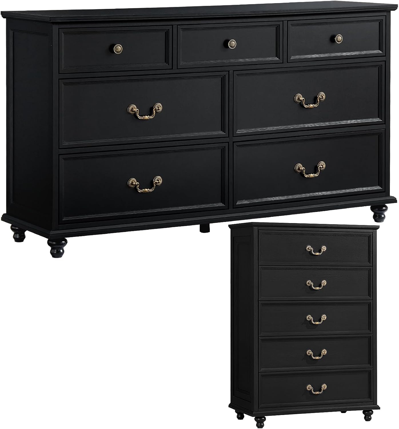 Joaxswe Bedroom Dresser Sets, 54' Wide 7 Drawers Dresser and 45' Tall 5 Drawers Dresser, Wooden 2 Piece Bedroom Furniture Set, Chest of Drawer for Bedroom, Home, Living Room, Hallway, Black