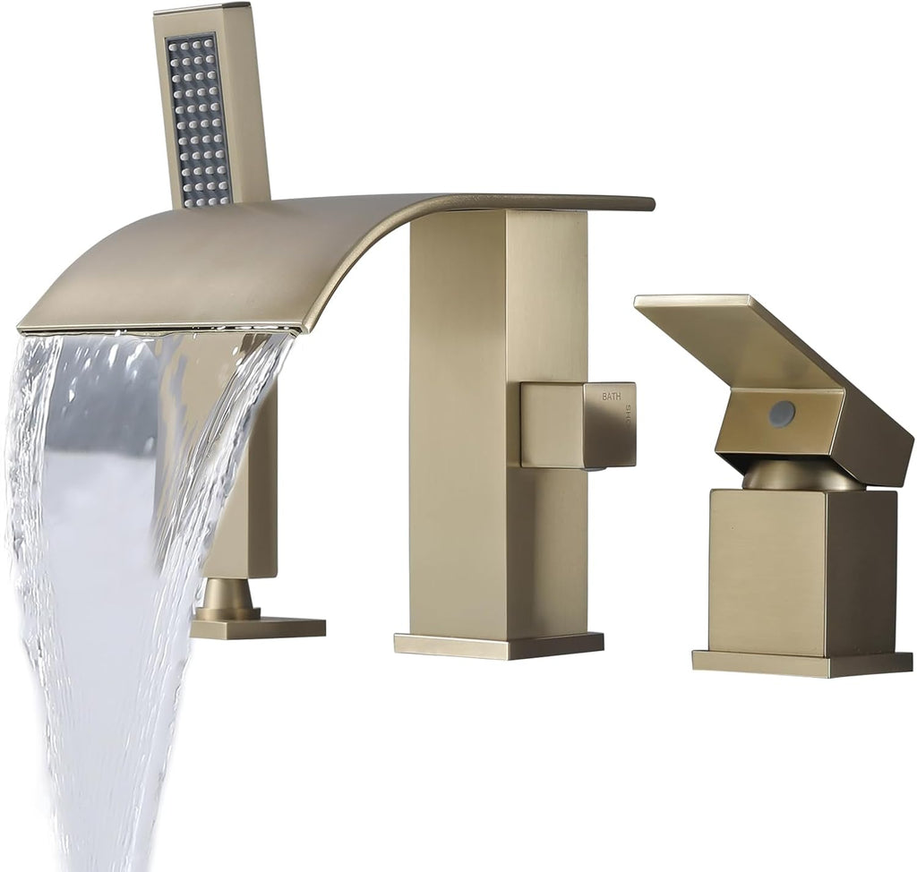 Waterfall Roman Tub Faucet with Hand Shower, Deck Mount Tub Filler Bathtub Faucet with Sprayer, Brass Widespread 3 Hole Bathtub Shower Faucet Set, Brushed Gold