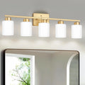 FonmYim Gold Bathroom Light Fixtures, 5-Light Modern Vanity Light Over Mirror, Wall Sconces with Milky White Frosted Glass Shades, E26 Socket (Bulbs Not Included)