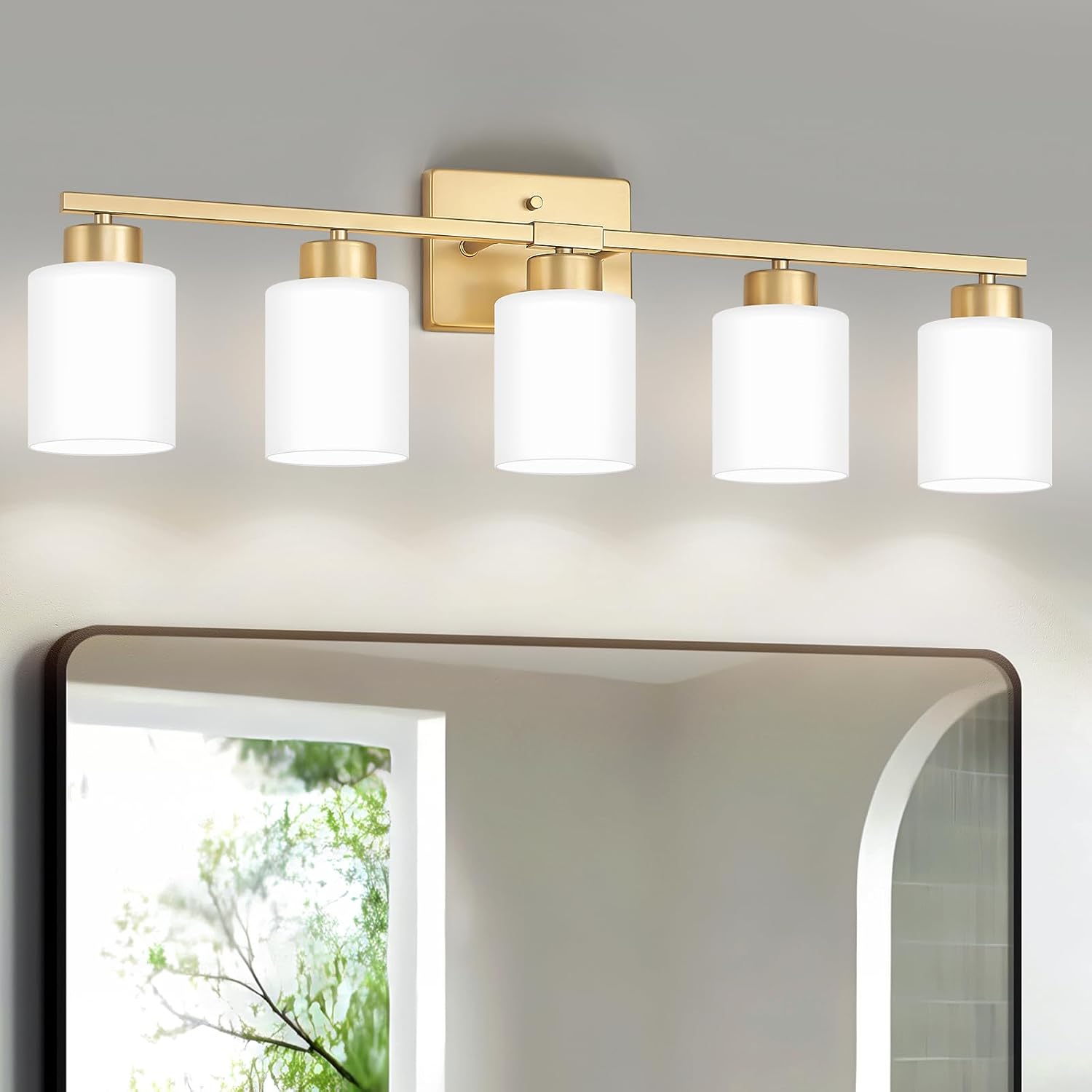 FonmYim Gold Bathroom Light Fixtures, 5-Light Modern Vanity Light Over Mirror, Wall Sconces with Milky White Frosted Glass Shades, E26 Socket (Bulbs Not Included)