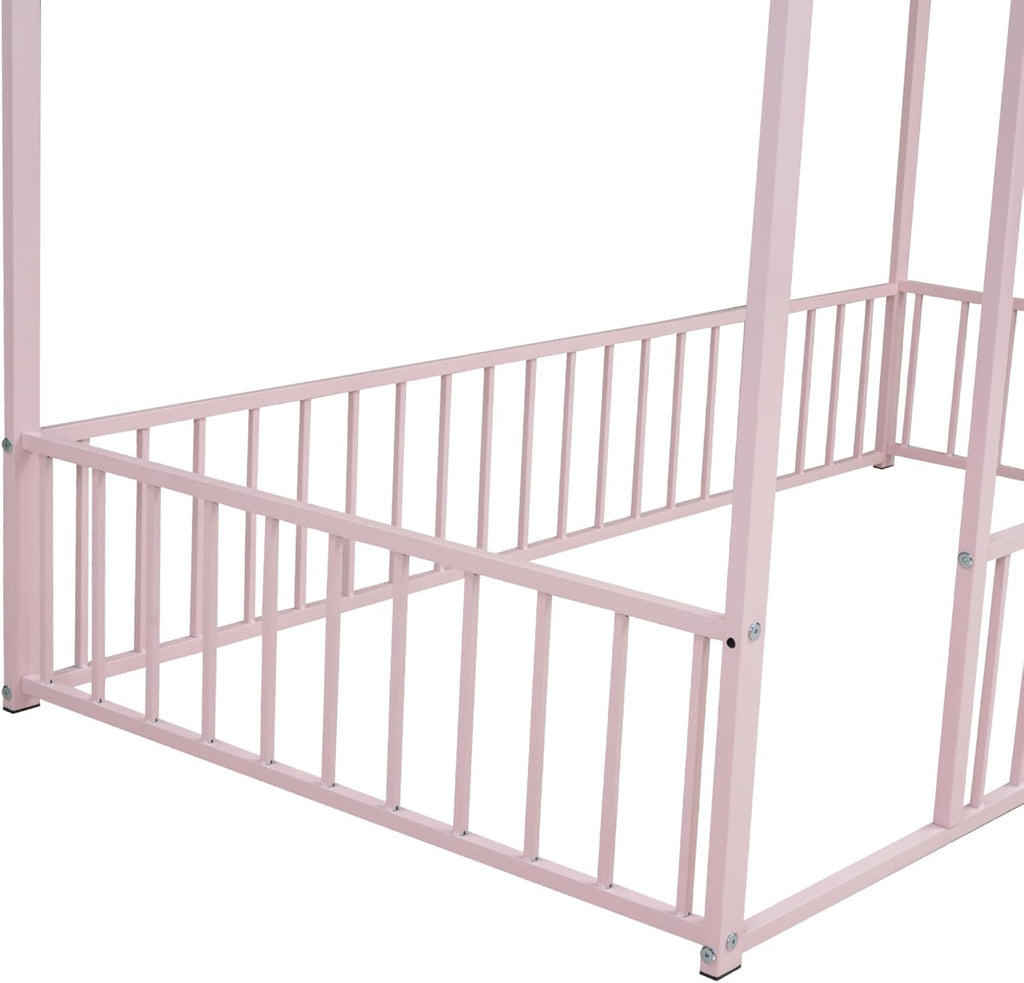 Bellemave Twin Size Montessori Floor Bed, Metal House Bed Frame, House Floor Bed for Kids, with Fence, Playhouse for Kids, Pink with roof